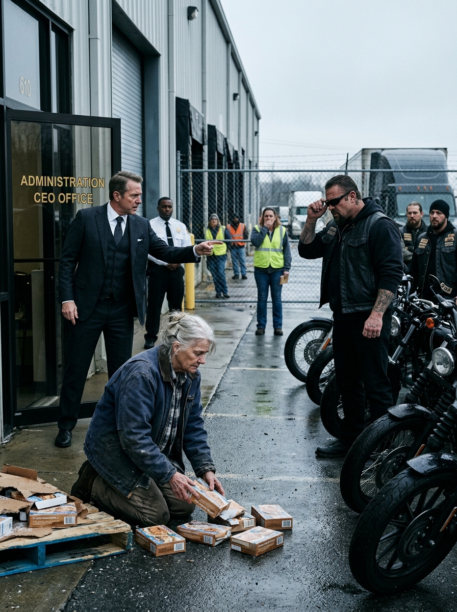 She Kept Showing Up With Her Cartons Until The CEO Screamed At Her… And Her Biker Son Was Standing In The Shadows The Whole Time — But What He Didn’t Know Was Why His Mother Kept Coming Back