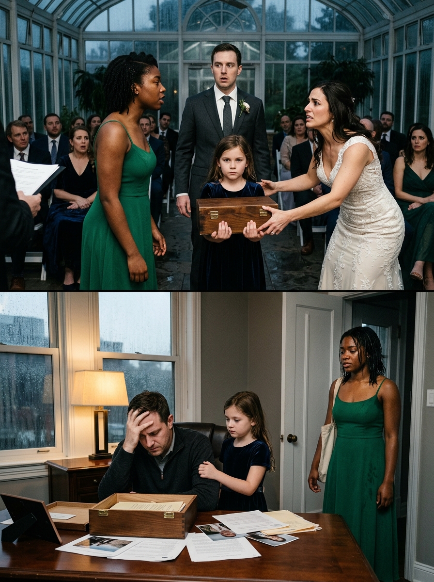 A 7-Year-Old Girl Walked Up to a Stranger at Her Father’s Wedding with a Locked Wooden Box… Minutes Later, a Billionaire Groom Canceled the Ceremony, Exposed a Four-Year Betrayal, and Uncovered the Truth His Late Wife Died Protecting”