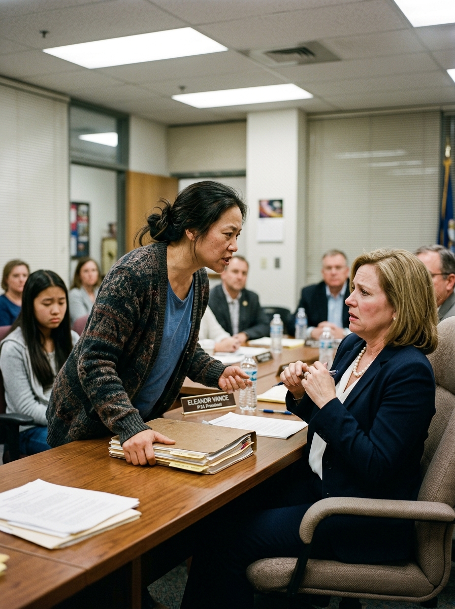 They Mocked a “Poor Scholarship Mom” at a School Meeting—But When She Opened a Hidden Folder, the PTA President, School Board, and a Senator’s Career Collapsed in Front of Everyone Watching