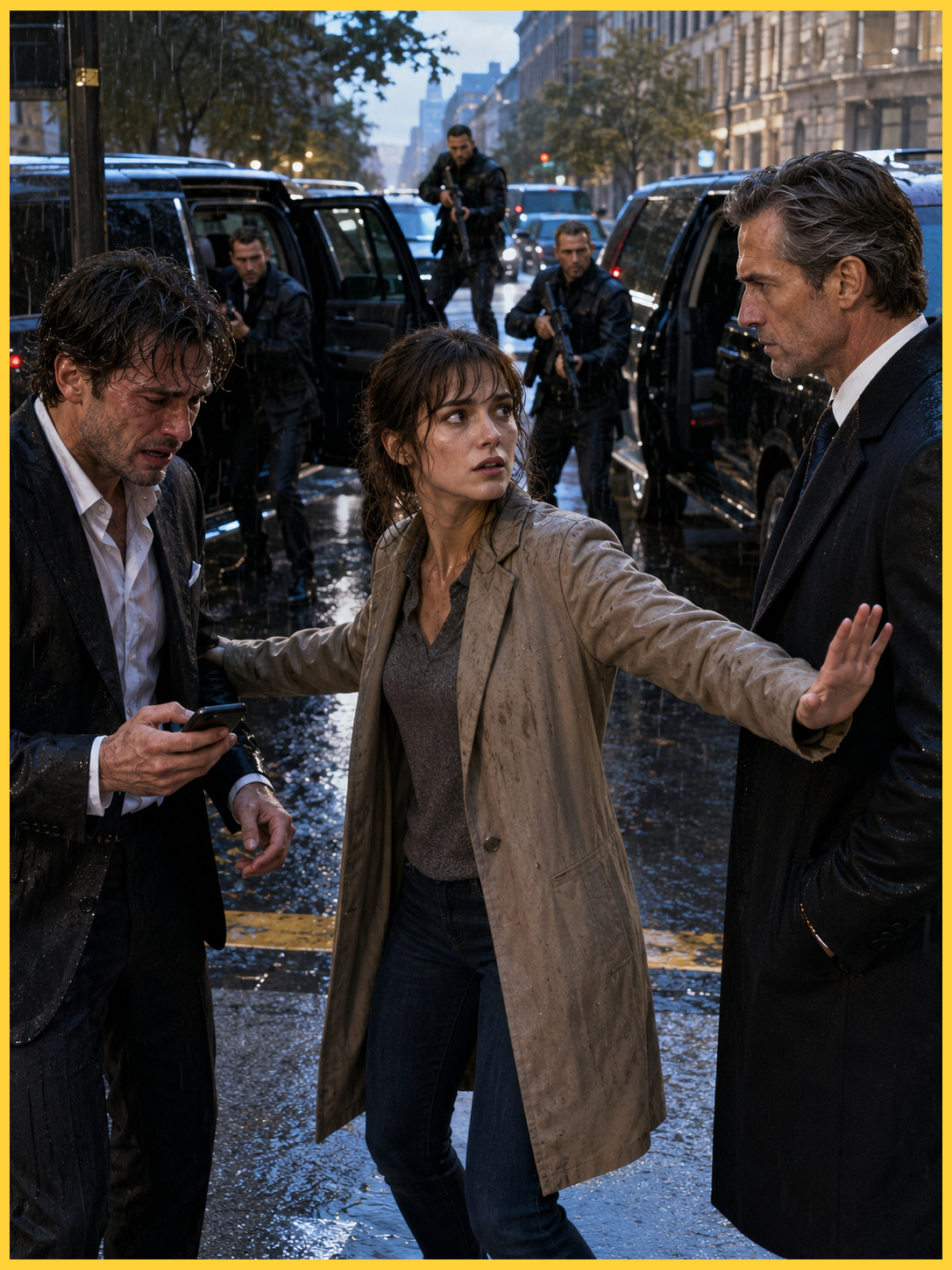 I missed the last bus because I stopped a grieving billionaire from stepping into traffic while desperately trying to call his mother—who had died only three days earlier. Moments later, three black SUVs screeched to a halt around us. Armed security poured into the rain, and suddenly I was standing between the shattered man I had just saved and one of the most powerful figures on Wall Street—his older brother. What happened next would change my life forever.