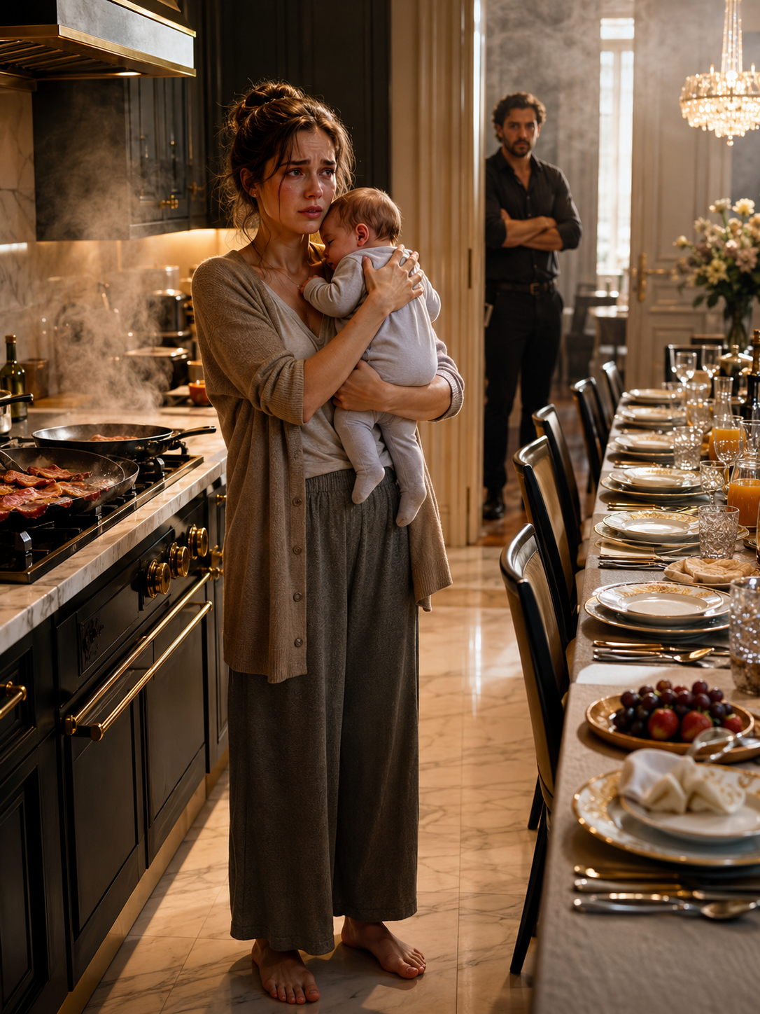 At 4:30 AM, I stood barefoot on the cold kitchen tile, my two‑month‑old son pressed against my chest, the air thick with bacon grease. The breakfast table was set for eight people—none of whom had ever treated me like family.