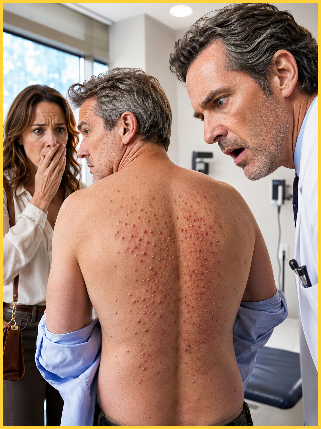 I froze when I noticed them—clusters of tiny red marks scattered across my husband’s back, arranged as if something had been placed there deliberately. He tried to laugh it off, muttering, ‘It’s just a rash.’ But unease twisted in my stomach. At the clinic, the doctor bent closer, then suddenly stiffened. His face drained of color, his voice dropped to a whisper: ‘Do not return home. Call the police. Immediately.’