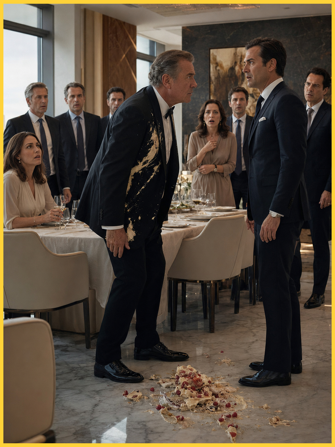 My son‑in‑law tipped my dessert plate onto the marble floor, then smirked at his law partners and said, ‘If you want dinner, lick it off the floor.’ The silence was so heavy I could hear my daughter’s bracelet tap against her glass. I brushed cream from my coat, leaned close, and whispered three words that drained the color from his face: ‘I know everything.’
