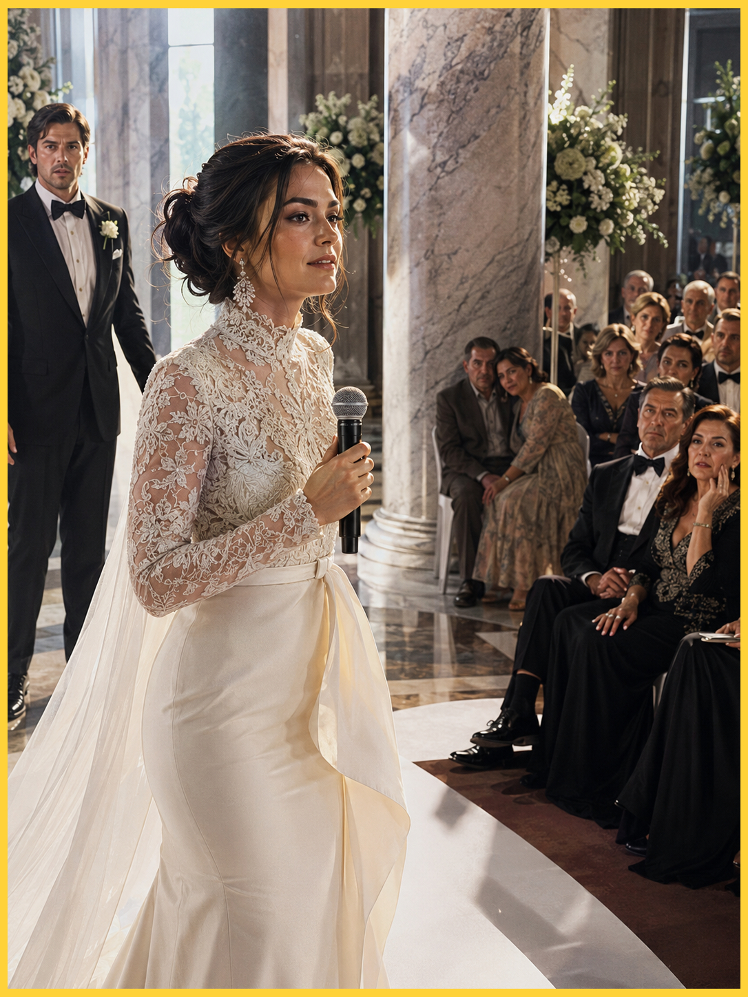 Fifteen minutes before the ceremony, I spotted my parents tucked away behind a marble pillar, sitting on flimsy plastic chairs, while my fiancé’s wealthy relatives filled the front row as if they owned the place. My mother squeezed my hand and whispered, ‘Don’t let this ruin your day.’ But something inside me hardened. I walked straight to the stage, took the microphone, and smiled at the crowd.