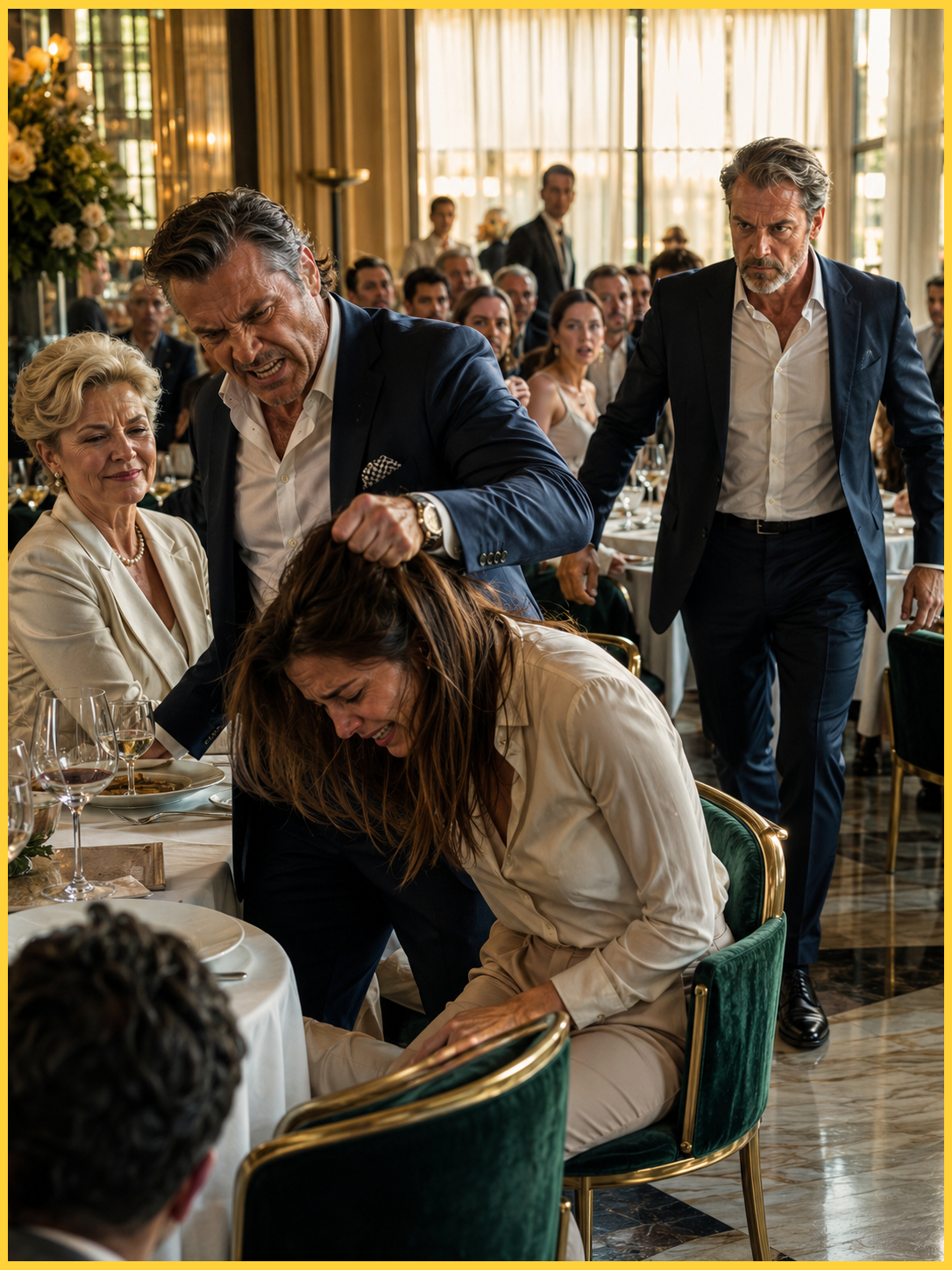 In the middle of a crowded restaurant, my son‑in‑law yanked my daughter’s hair and forced her head down while the entire room sat frozen in silence. His mother looked on with pride and said, ‘Sometimes that is how a husband teaches his wife.’ My daughter broke into tears—but the moment I rose from my chair, he realized his cruelty was about to come with consequences.