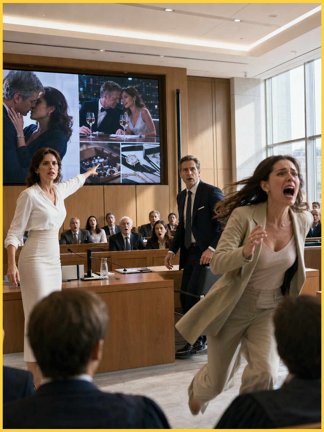 The humiliated wife stormed into her divorce hearing, but the atmosphere shifted when she unveiled explosive evidence on the giant screen. The mistress shrieked and bolted in terror, leaving the courtroom stunned—while the husband stood frozen, realizing his entire life had been nothing more than a meticulously constructed, deadly lie built on betrayal.