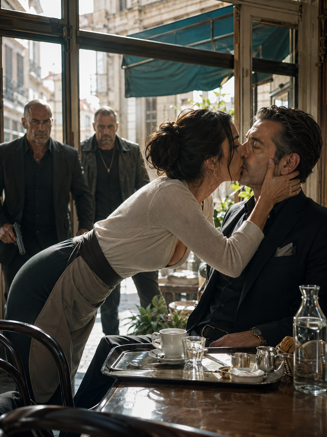 I was just a waitress trying to survive double shifts and my father’s old debt when I saw two armed men moving toward a quiet stranger’s table. One fake kiss saved his life, but it also made me part of a war I didn’t understand — especially when I learned he hadn’t been a stranger to my name at all.