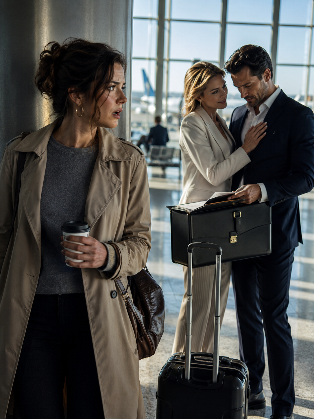I thought my husband was away on a business trip until I saw him at the airport with another woman’s hand on his chest. Then I heard him say that once a transfer cleared, I wouldn’t have a house left to fight over. At first, I thought I had caught an affair. But the longer I listened, the more I realized this was something colder than betrayal. He wasn’t just cheating on me. He was using my dead aunt’s estate paperwork to take the one home that had always belonged only to me.