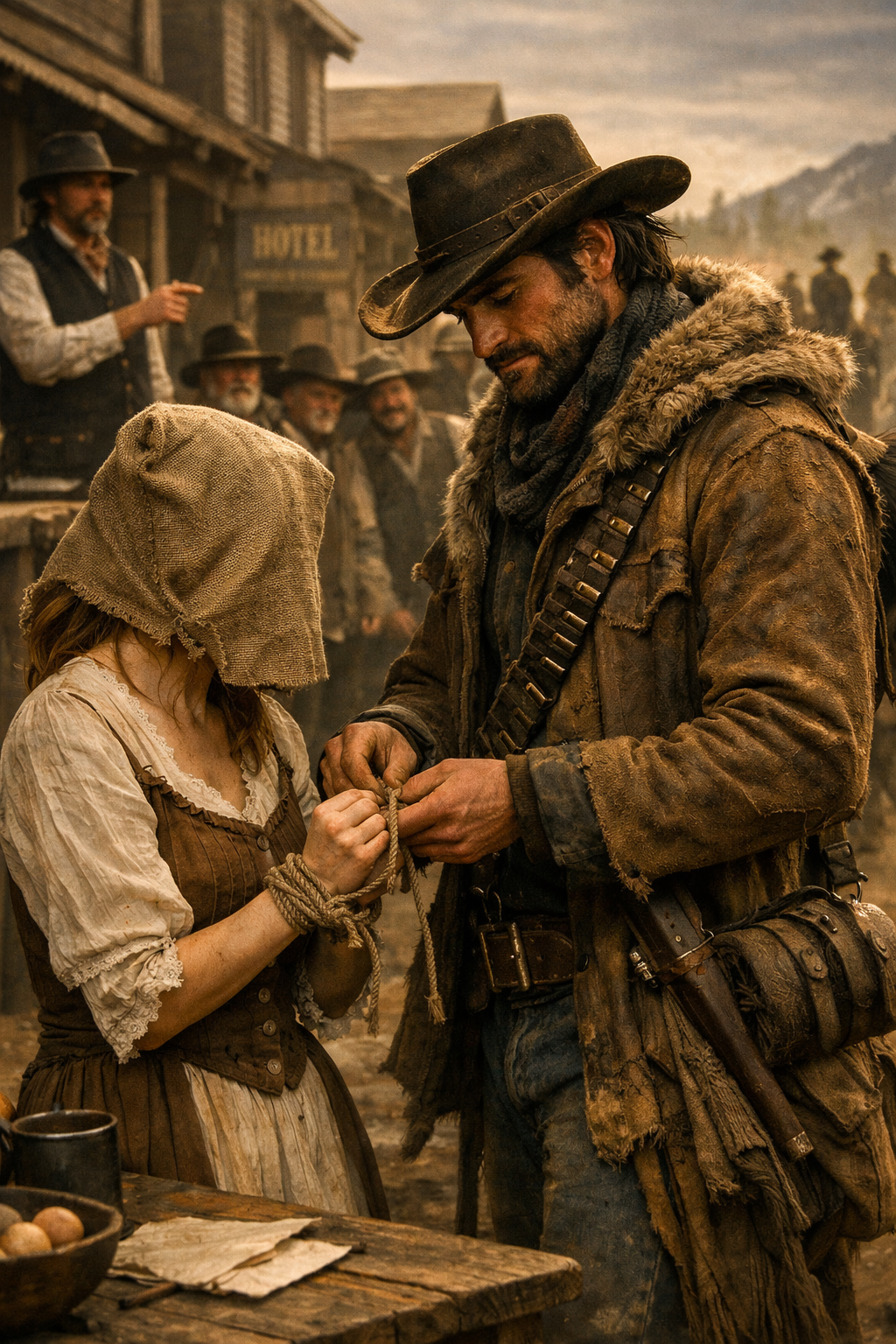 They said she was cursed, so they pulled a sack over her head and auctioned her off in the middle of town like livestock. Most men laughed, some bargained, and none of them cared enough to ask who she really was. Then a silent mountain trapper paid six times the highest bid, untied her hands, and walked away without asking to see her face. Everyone thought he’d made the worst mistake of his life. They had no idea that the real danger wasn’t hiding beneath the sack—it was already riding toward his cabin.