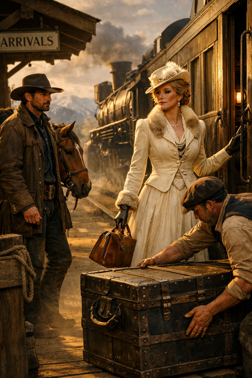 The train from Chicago was carrying the mail-order bride I’d paid for with nearly a year’s savings. I’d asked the agency for someone plain, practical, and strong enough to survive a Wyoming winter. Instead, the woman who stepped onto the platform looked like she belonged in a wealthy city parlor, while two baggage handlers struggled to lower an iron-bound trunk so heavy it nearly crashed through the station boards. She told me everything she owned was locked inside it. I believed her—until I caught what was hidden beneath the lid a few days later.