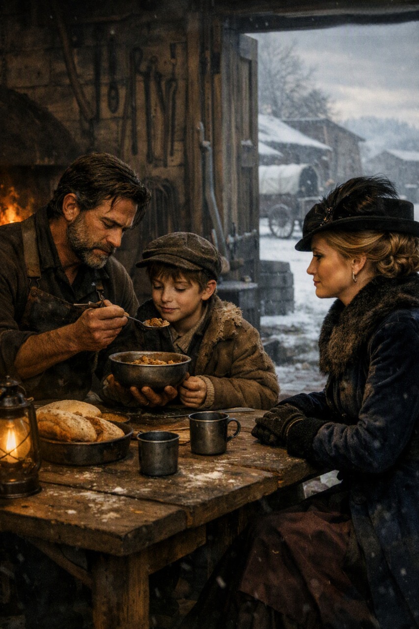 The wealthy widow only wanted a quiet meal before continuing her journey across Kansas. Instead, she found herself standing still as she watched a poor blacksmith divide the last bowl of stew between himself and his young son, making sure the boy received every generous spoonful while he barely ate at all. Something about that simple act stirred a memory she had spent years trying to bury. She asked if she could join them, never imagining that before the day was over, a faded receipt hidden inside her bag would connect this struggling stranger to the greatest unanswered question of her entire life.