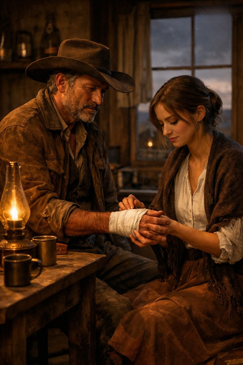 A fifty-five-year-old rancher sliced his hand open while repairing forty feet of broken fence alone in the middle of a spring storm. The next evening, a twenty-six-year-old woman appeared at his kitchen door with clean bandages and quietly wrapped the wound without asking for anything in return. She came back the next night. Then the next. By the seventh evening, his hand no longer needed her—but neither of them seemed ready for the visits to end.