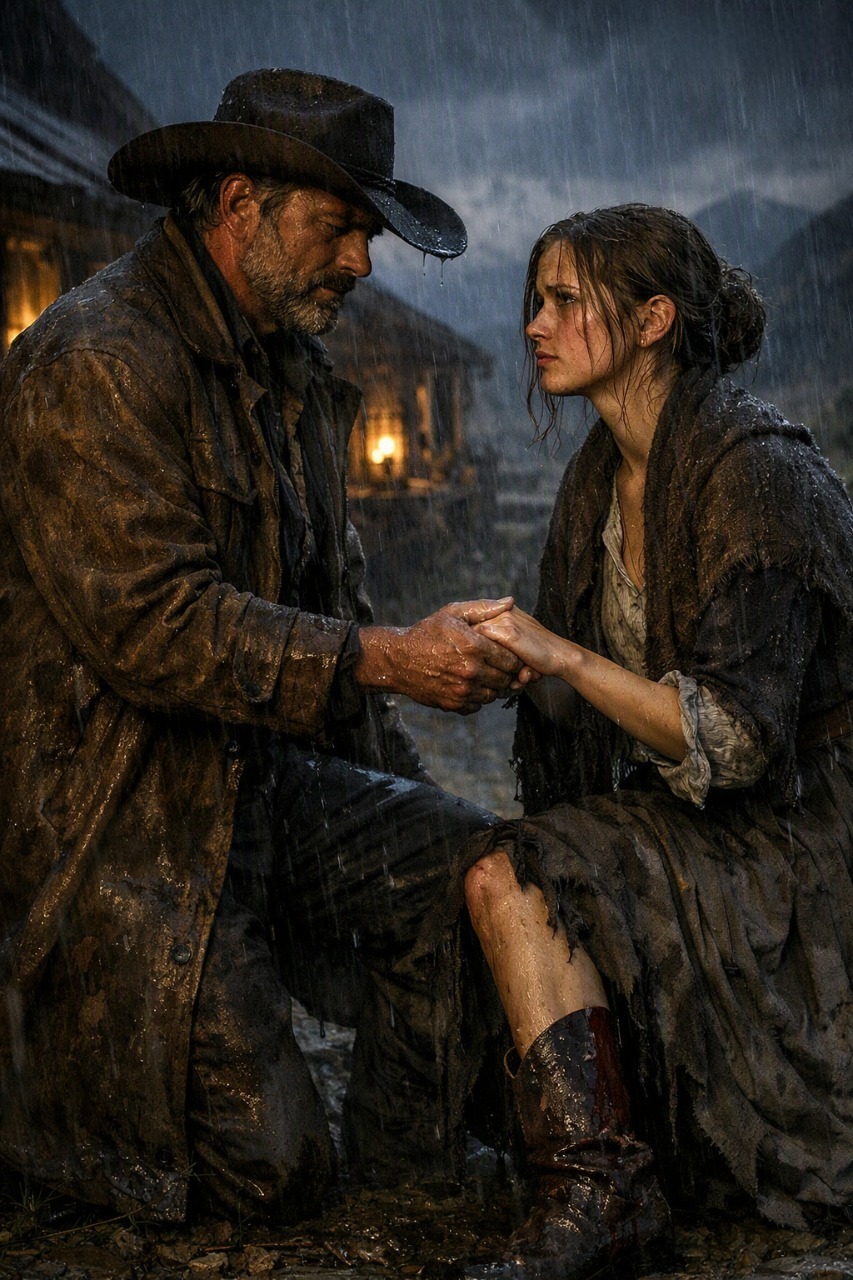 She crossed half the country believing she was finally walking toward a home. Instead, the wealthy rancher took one look at her, called her “barren,” and left her standing in the rain with nowhere to go. But before the storm could swallow everything she had left, a rugged mountain widower appeared from the darkness, saw the blood running down her boot, reached for her trembling hand, and quietly said six words that would change every life under his roof forever: “Come home. My children need you.”
