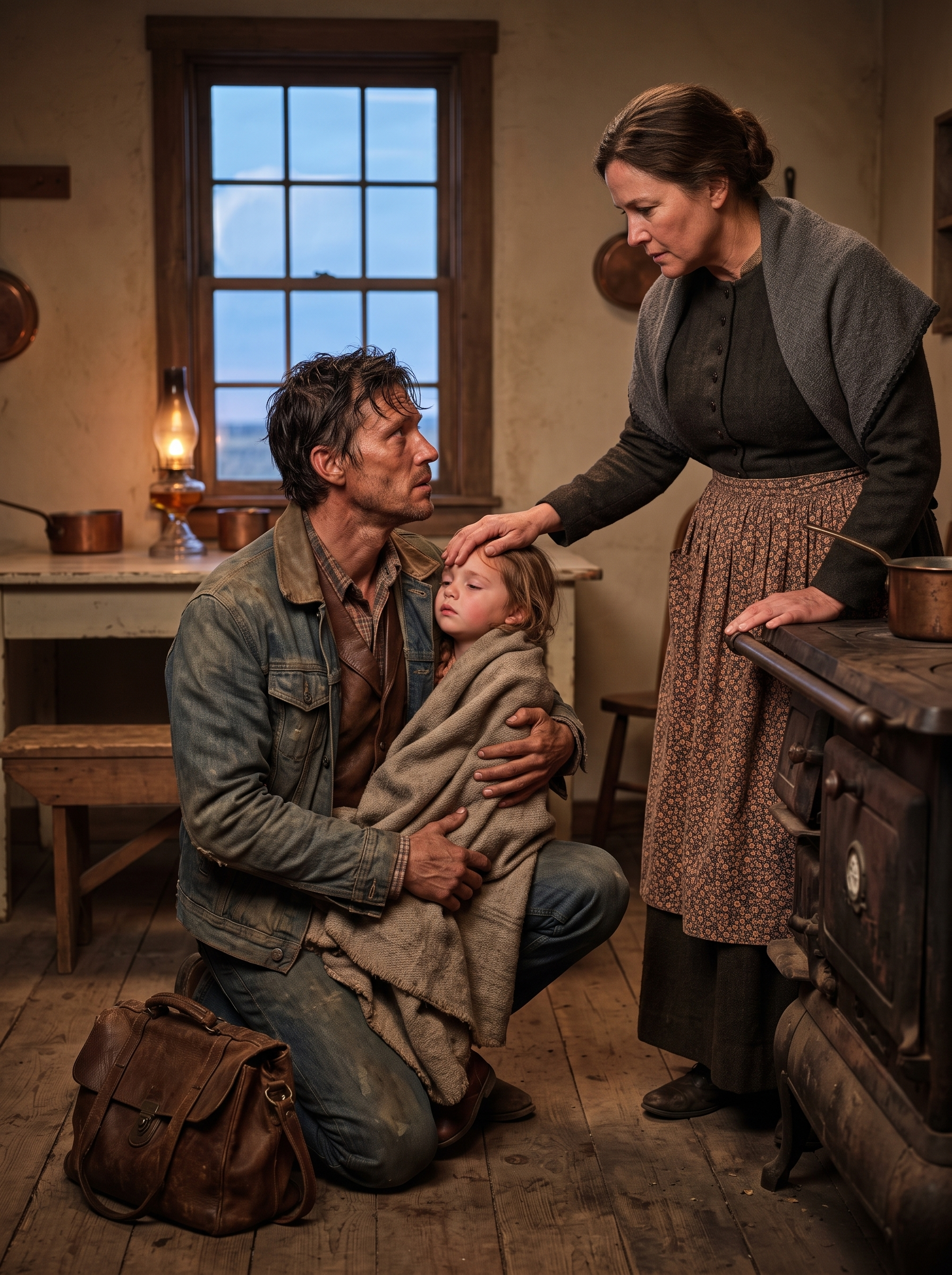 He had carried his feverish four-year-old daughter across the Wyoming plains for three days with almost no food, no water, and no strength left to give. When he finally reached a lonely ranch, the widow living there touched the little girl’s burning forehead, listened to his desperate plea for work, then quietly named the price she wanted in return. It wasn’t money, labor, or land. It was something no father expected to hear from a complete stranger—and for one long moment, he wasn’t sure whether he’d found salvation or another impossible choice.
