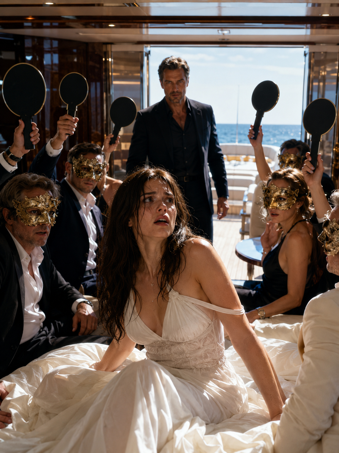 For two years, I thought my husband’s cruelty was the worst thing he could do to me. Then I woke up in a white dress on a private yacht, surrounded by masked strangers raising numbered paddles like my life was an object for sale. But the room changed the moment one man entered without a mask — and everyone suddenly remembered what fear looked like.