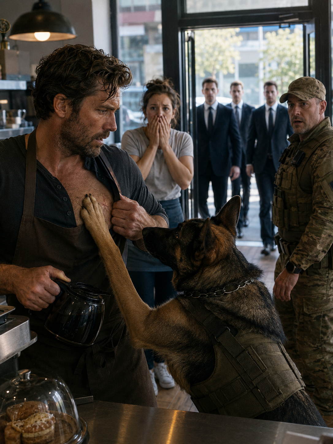 For five years, I poured coffee under a false name and convinced myself the war had finally forgotten me. Then a military working dog walked into my diner, ignored his own handler, and placed one paw directly over the scar I had spent years hiding. By the time the men in dark suits arrived, I understood the truth: I had not escaped the classified program buried in my past. I had only been waiting for it to find me first.