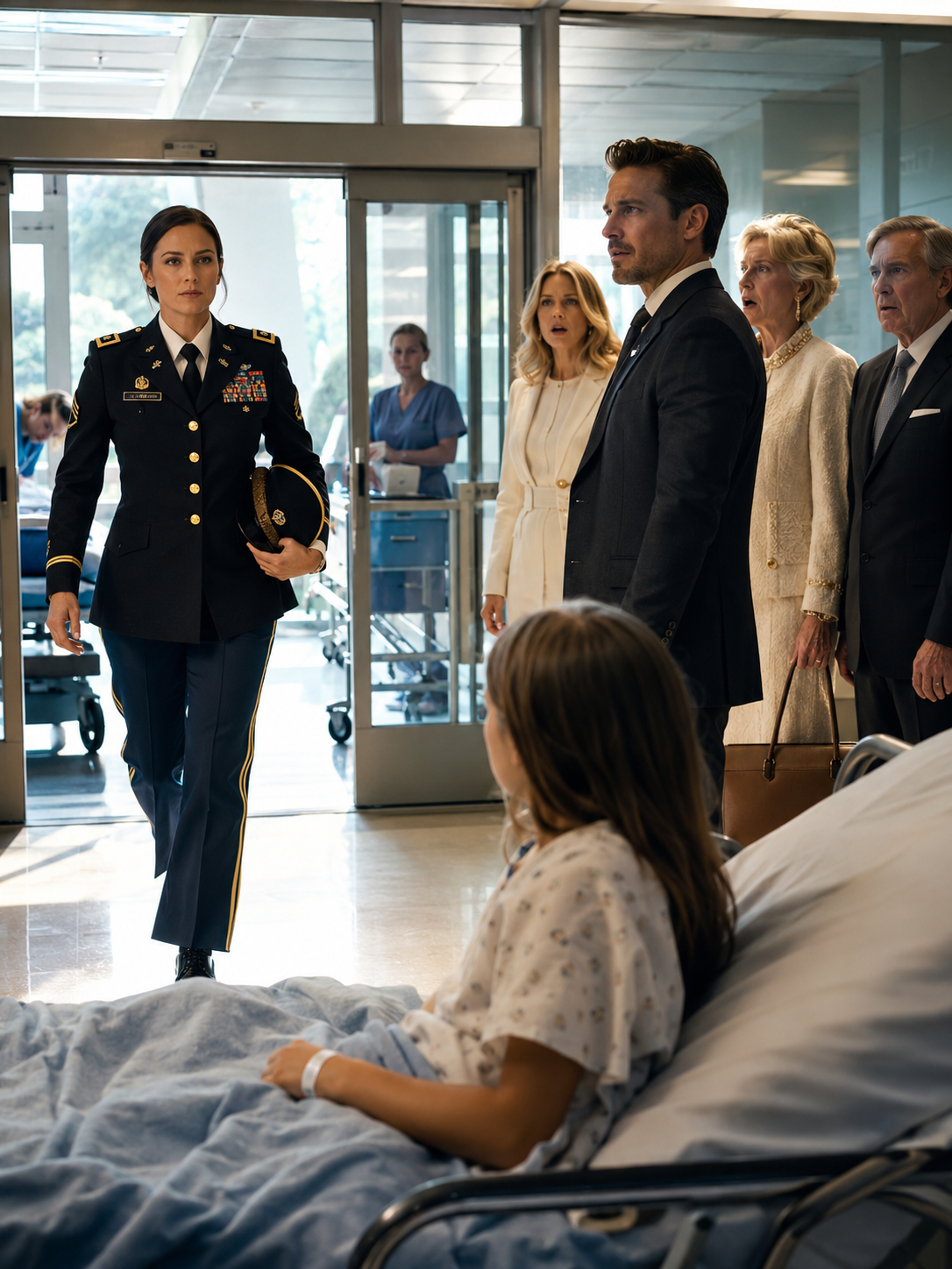 My daughter called me from a hospital bed and whispered, “Mom, please come get me.” By the time I arrived in uniform, her husband’s powerful family was already calling it a misunderstanding. But they did not know Abigail had sent me proof days earlier—and I had not come alone.