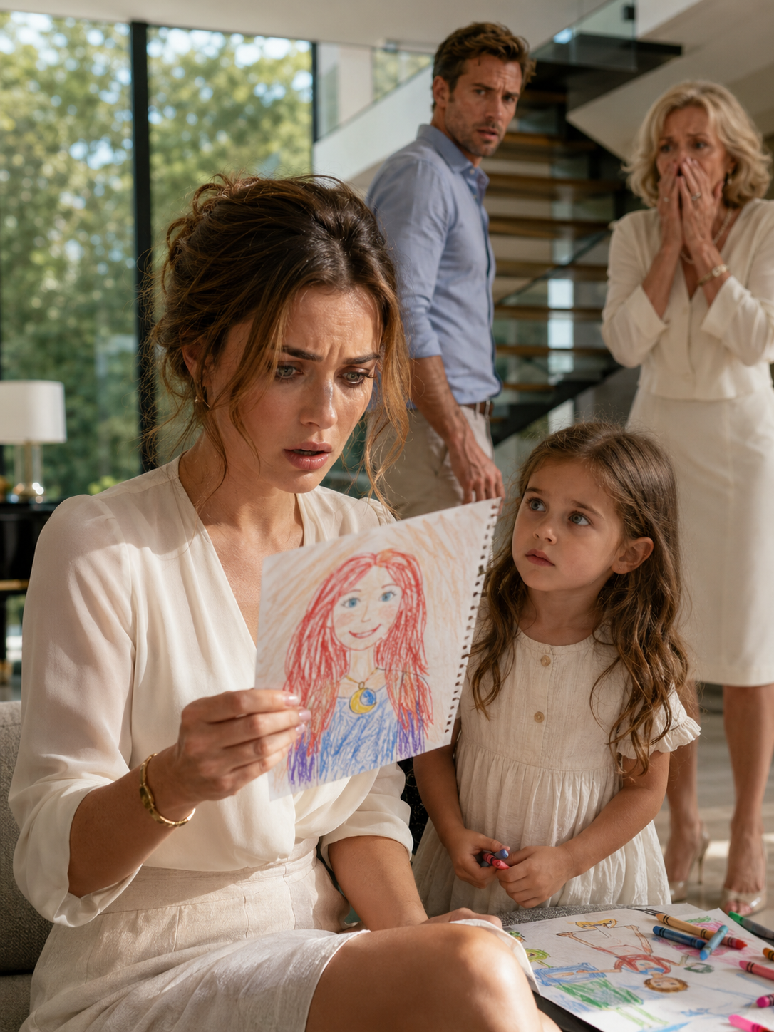 My husband begged me to adopt a little girl after years of failed IVF, and I wanted to believe he was giving both of us a second chance at becoming a family. But then strangers began saying she had his eyes, his mother panicked over tiny details, and our daughter kept drawing a red-haired woman with a moon necklace — the same woman my husband swore was already dead.