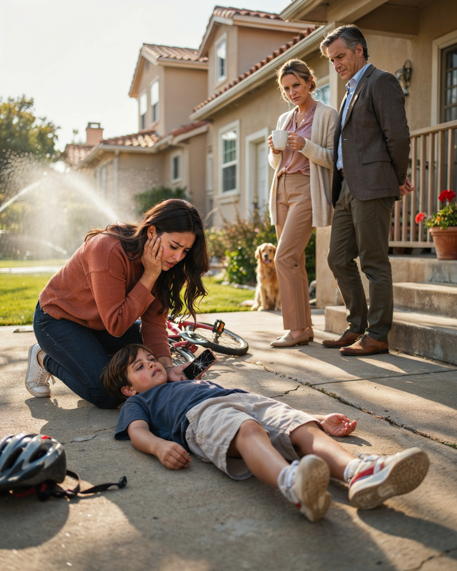 My son was lying on the driveway after a bike hit him, his small sneakers twisted against the cracked concrete while my parents stood on the porch and refused to call an ambulance. I begged them once, my phone shaking in my hand, and my mother sneered, “Let Him Die – He’s Just Ruining Our Lives.” Then they laughed like my child was an inconvenience between their coffee and the evening news. I went silent after that, hurt so deeply I could barely breathe, but not broken. Weeks later, those same parents were on their knees begging me for mercy.